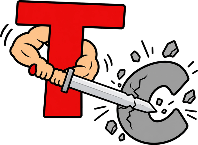 T cutting through a cracked C with a sword